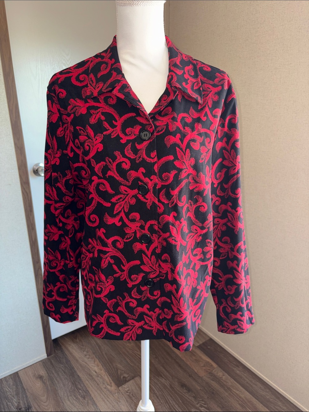RedBlack Floral Scroll Blazer Jacket Elegant Button Front Whimsigoth Vampirecore